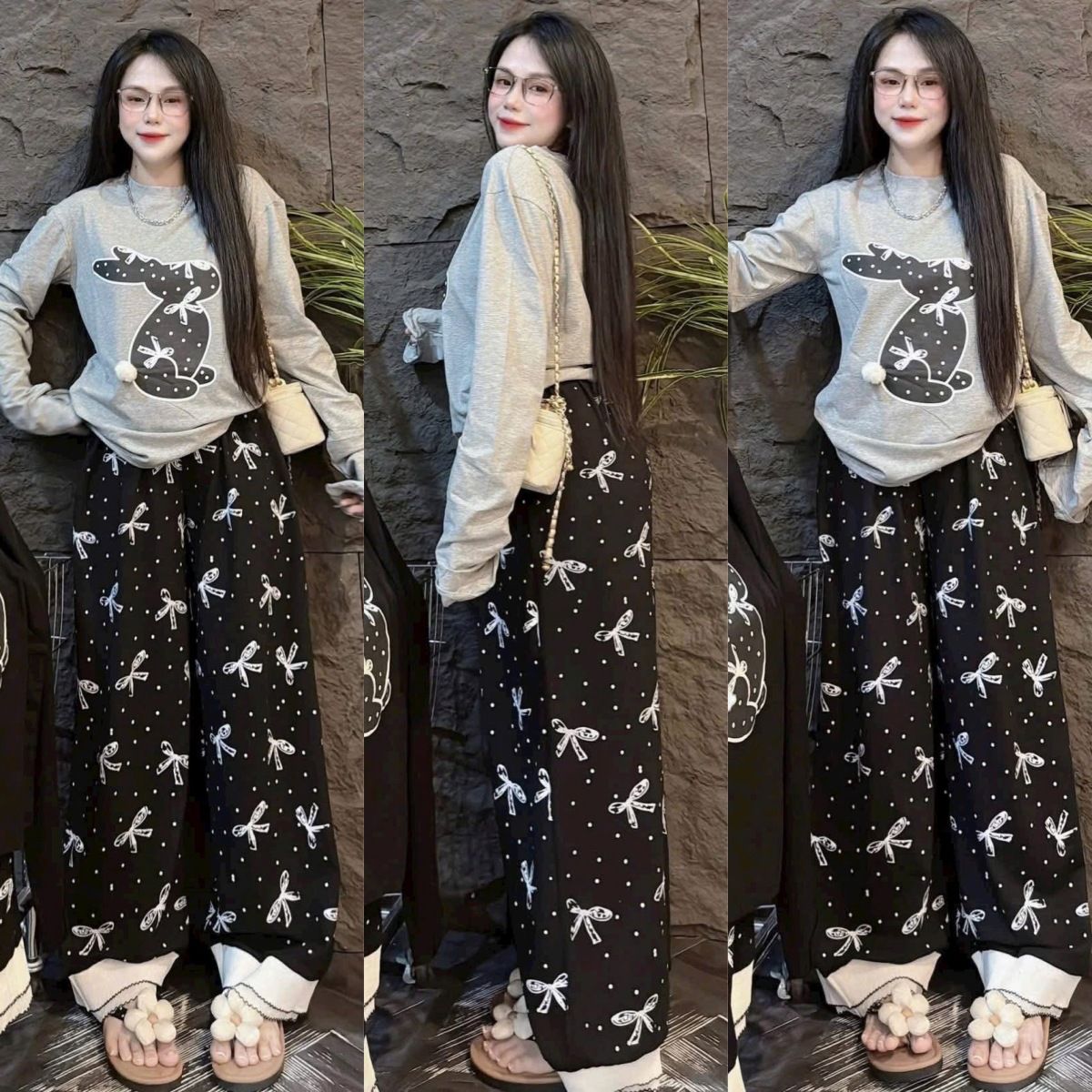 Women's Clothing Sweet Rabbit Print Two-Piece Set Long Sleeve Top With Wide Leg Pants Casual Spring Autumn Loose Fit_ecoleips.com