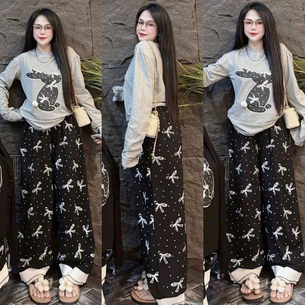 Women's Clothing Sweet Rabbit Print Two-Piece Set Long Sleeve Top With Wide Leg Pants Casual Spring Autumn Loose Fit_ecoleips.com