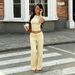 YL26309TKO Women's Casual Two Piece Set Slim Fit round Neck Elegant Top Wide Leg Pants Drawstring Cross Border_ecoleips.com