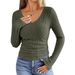 Women's Versatile Solid Color V-Neck Long Sleeve T-Shirt Slim Fit Ribbed Brushed Fashionable Top For American Style 2026_ecoleips.com