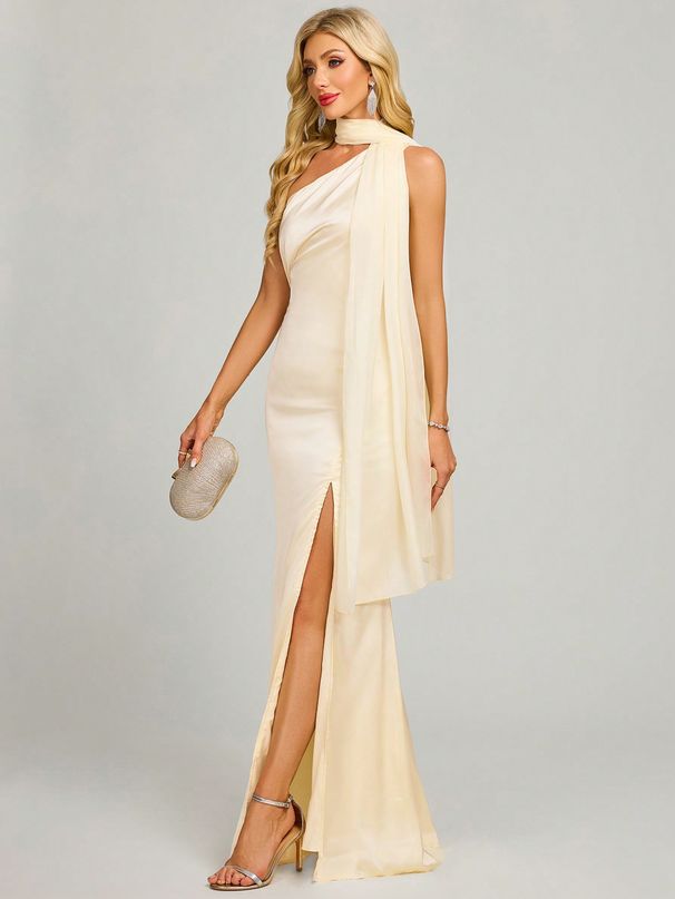 Sophisticated Women's Halter Neck High Slit Bodycon Evening Dress For Banquet & Party_ecoleips.com