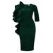 D608 Cross-Border European American Fashion Women's Dress With Round Neck, Elegant Three-Quarter Sleeves, Ruffled_ecoleips.com