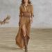 Women's French Vintage V Neck Ruched Waist Button Front Side Slit Long Sleeve Maxi Dress – Elegant Casual Flowy Gown_ecoleips.com