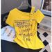 American Printed Slanted Shoulder Strap Short-sleeved T-shirt Women's Summer New Pleated Waist Irregular Short Top_ecoleips.com