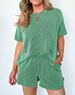 Women's Clothing Women's Clothing Short Sleeved Wavy Round Neck Top Elastic Waist Shorts Two Piece Set_ecoleips.com