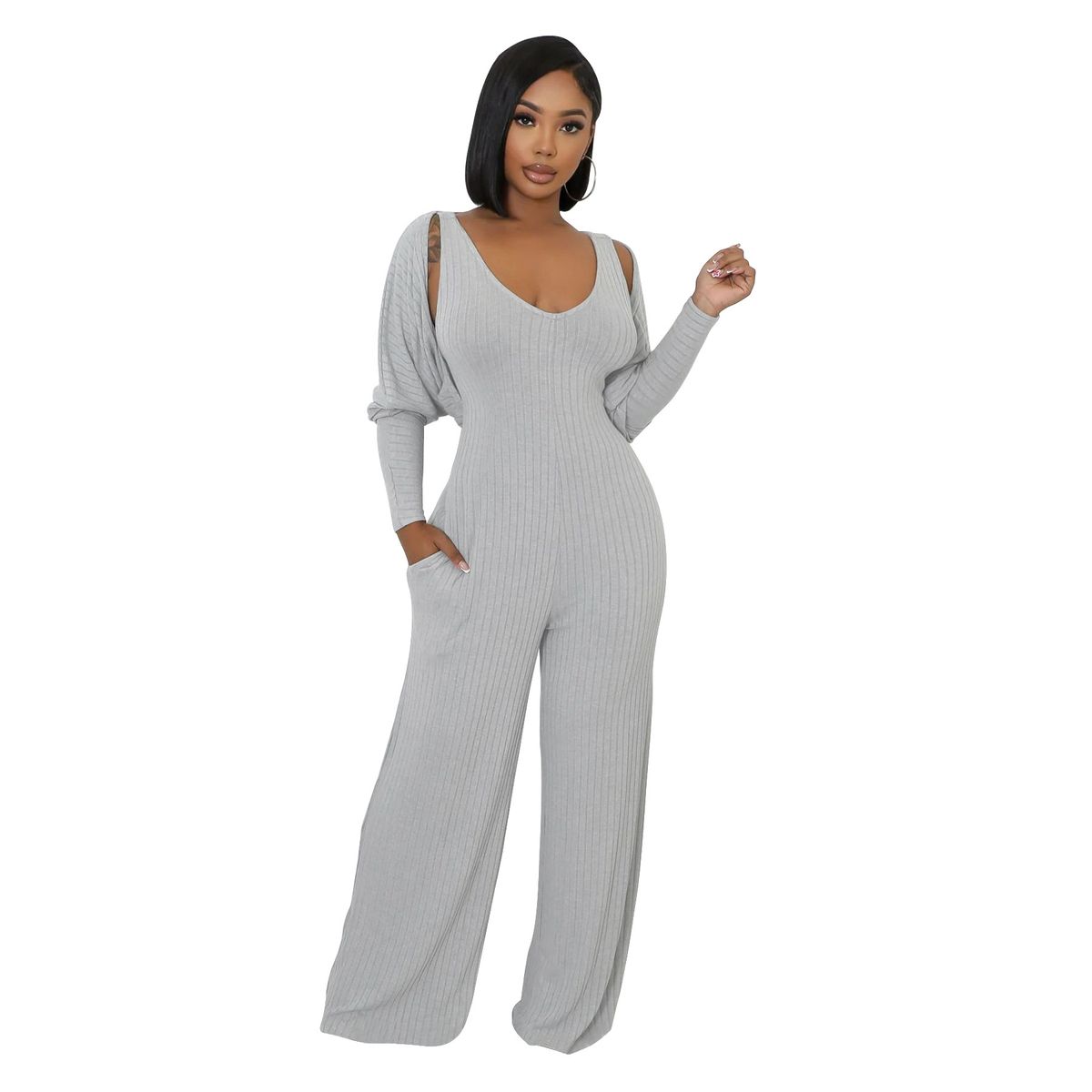 Women's Ribbed Long-Sleeve Jumpsuit Set With Cape Stretchy High-Waist Puff-Sleeve Design Available In Red Black Blue Orange Gray_ecoleips.com