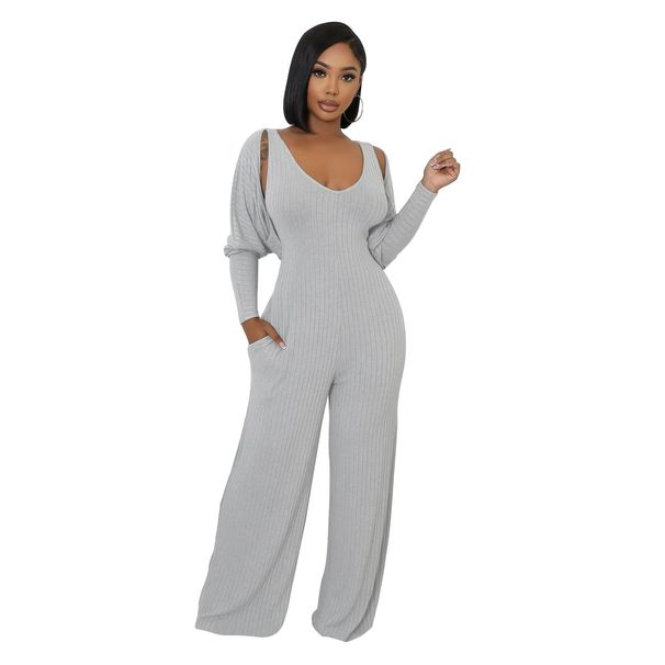 Women's Ribbed Long-Sleeve Jumpsuit Set With Cape Stretchy High-Waist Puff-Sleeve Design Available In Red Black Blue Orange Gray_ecoleips.com