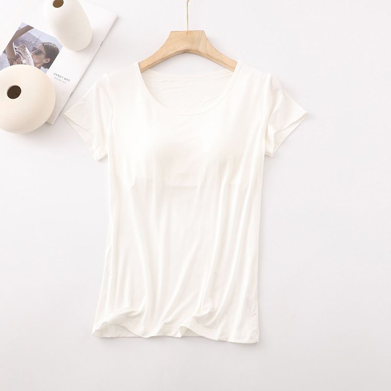 Short-sleeved Women's Modal With Chest Pad Bottoming Shirt Women's Spring And Summer Integrated Pajamas Five-finger Half-sleeved Women's Clothing_ecoleips.com