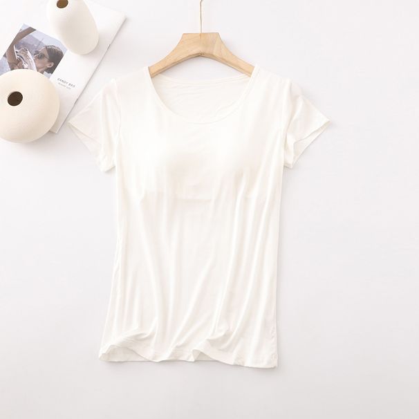 Short-sleeved Women's Modal With Chest Pad Bottoming Shirt Women's Spring And Summer Integrated Pajamas Five-finger Half-sleeved Women's Clothing_ecoleips.com