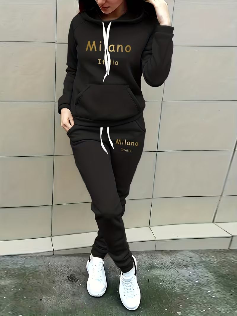 Personalized Letter Print Fleece-Lined Tracksuit Set Winter Warmth Sportswear Black S-XXL_ecoleips.com