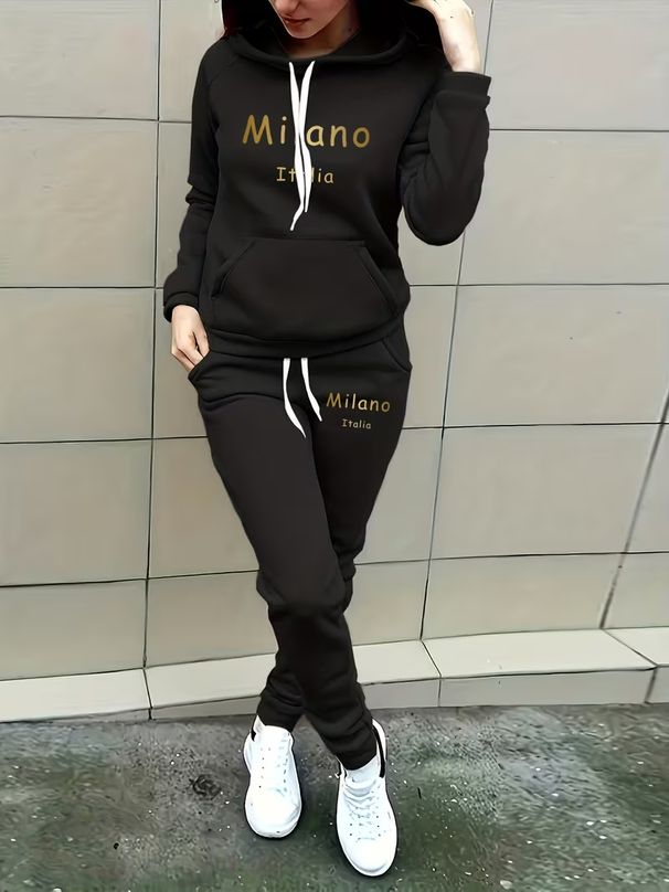 Personalized Letter Print Fleece-Lined Tracksuit Set Winter Warmth Sportswear Black S-XXL_ecoleips.com
