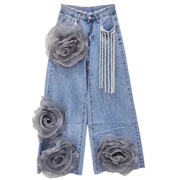 Women's 3D Grey Rose Appliqué Wide Leg Jeans, High Waist Distressed Denim Pants With Pearl Tassel Details, Casual Streetwear For Daily Outings & Party_ecoleips.com
