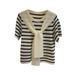 Women's Clothing Contrast Color Striped Shawl Sweater Short Sleeved T Shirt Temperament Two Piece Top_ecoleips.com