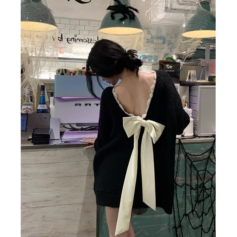 girl Backless Bow Sweater For Women, Autumn Winter Christmas New Loose Fit Pullover Top With A Soft And Cozy Feel_ecoleips.com
