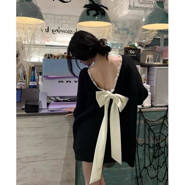 girl Backless Bow Sweater For Women, Autumn Winter Christmas New Loose Fit Pullover Top With A Soft And Cozy Feel_ecoleips.com