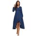 Plus Size Denim Maxi Dress With V-Neck & Tie-Waist, Long Sleeve Bodycon Dress With Asymmetrical Hem For Women_ecoleips.com