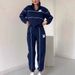 Women's Letter M Embroidered Tracksuit Set, White Striped Half Zip Sweatshirt & Jogger Pants, Casual Soft Loungewear Outfit For Daily Streetwear Sport_ecoleips.com