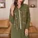 A803 Military Green Vertical Strip Hand-Stitched Drilling Dress With Cap_ecoleips.com