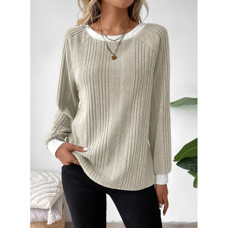 Wholesale Round-Neck, Loose-Fitting, Long-Sleeved Casual Women's Solid Color Fleece Insert Sleeve T-Shirt Tops_ecoleips.com