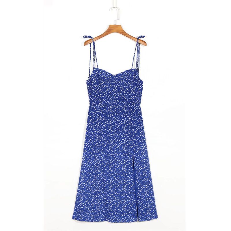 YPFF Spring New European And American Style Small Floral Side Slit Tie Strap Long High Waist Off-Shoulder Women's Dress_ecoleips.com