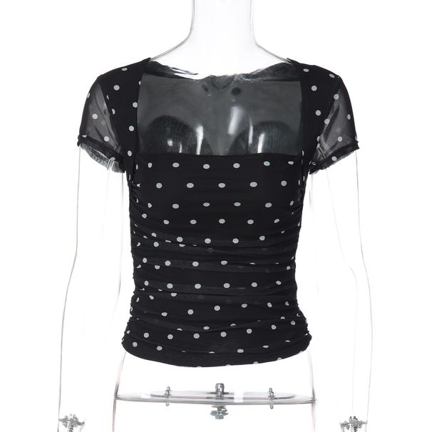 Summer Retro Polka Dot Print Bandeau Top for Women Short Sleeves Mesh Trim European And American Style Hot Girl Look_ecoleips.com