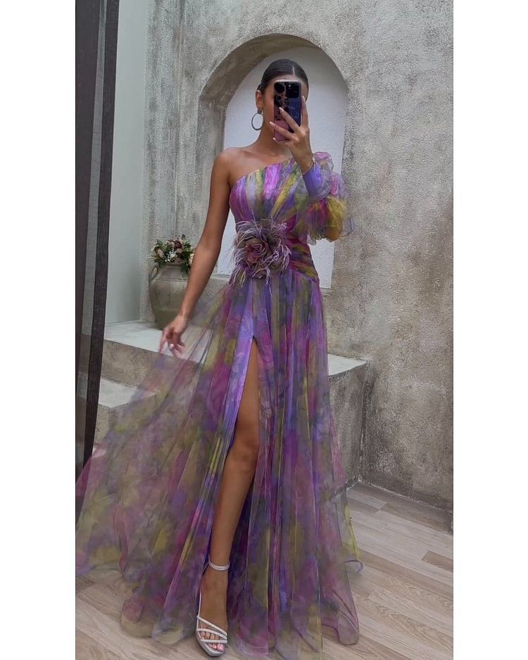 Women's Clothing Sexy Oblique Shoulder One Shoulder Long Sleeve Floral Gauze Dress Long Skirt High End Large Swing Floral_ecoleips.com