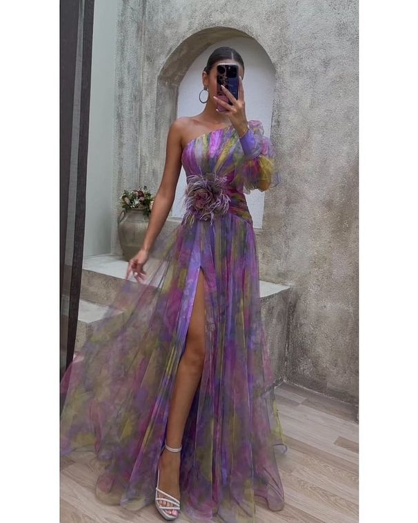 Women's Clothing Sexy Oblique Shoulder One Shoulder Long Sleeve Floral Gauze Dress Long Skirt High End Large Swing Floral_ecoleips.com