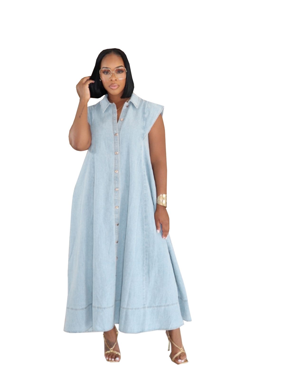 TW875 Slimming Retro Collared Pocket Wide Hem Button down Denim Skirt for Women European And American Style Summer Maxi Skirt_ecoleips.com
