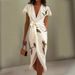 Women's Clothing V Neck Short Sleeve Lace Up Digital Printing Dress_ecoleips.com