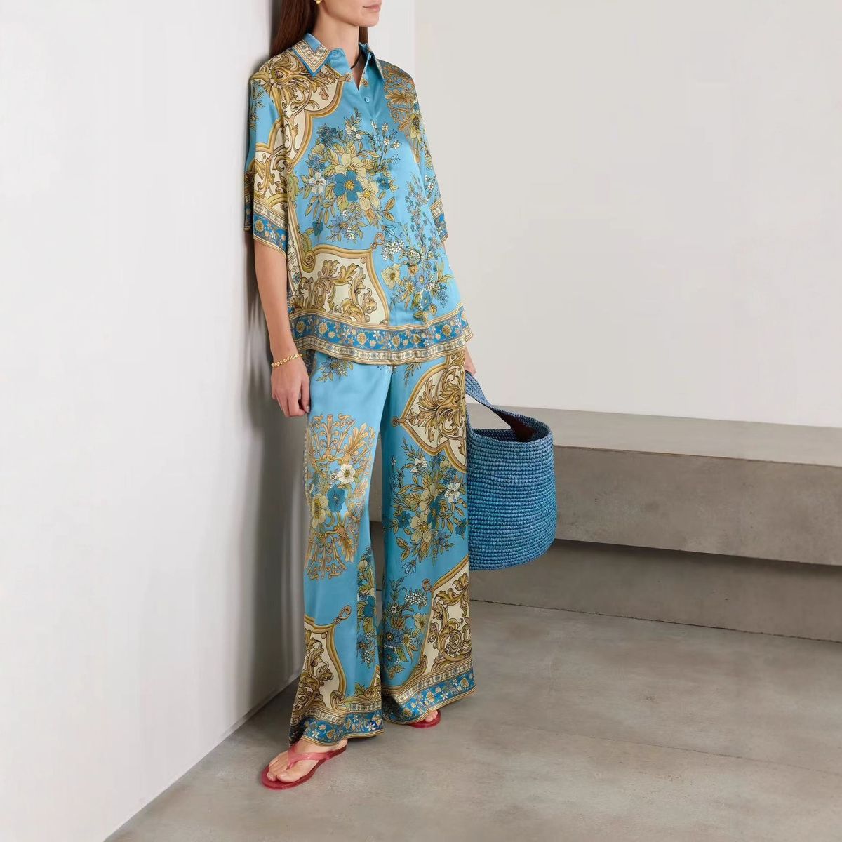 Vintage Floral Print Satin Blouse & Pants Lounge Set – Elegant Two-Piece Outfit For Home & Casual Wear (S/M/L/XL)_ecoleips.com