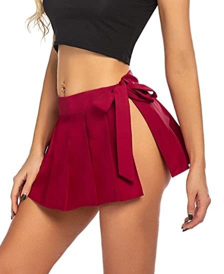2025 Women's Pleated Mini Role Play Solid Color Tie-Up Ultra Short Skirt_ecoleips.com