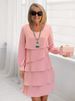 Elegant Flowy Cake Dress For Women - Comfortable Loose Fit Round Neck Long Sleeve Midi Dress In Solid Colors_ecoleips.com