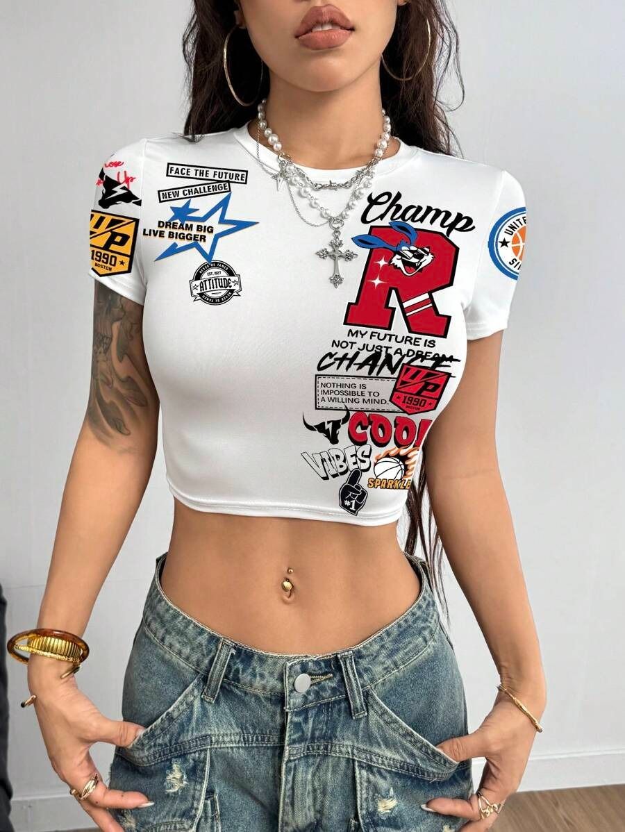 Women's Clothing Sporty Round Neck Cropped Shirt Short Sleeved Letter Badge Rabbit Print Top Street Style_ecoleips.com