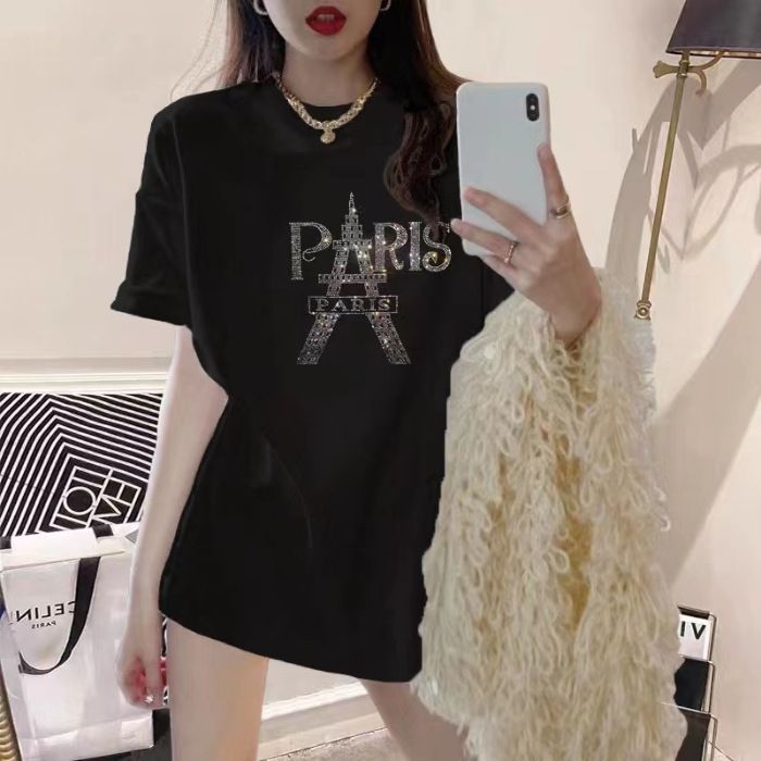 100% Cotton European Trendy Brand Heavy Rhinestone Paris Eiffel Tower Short Sleeve T-Shirt For Women Plus Size Slimming_ecoleips.com