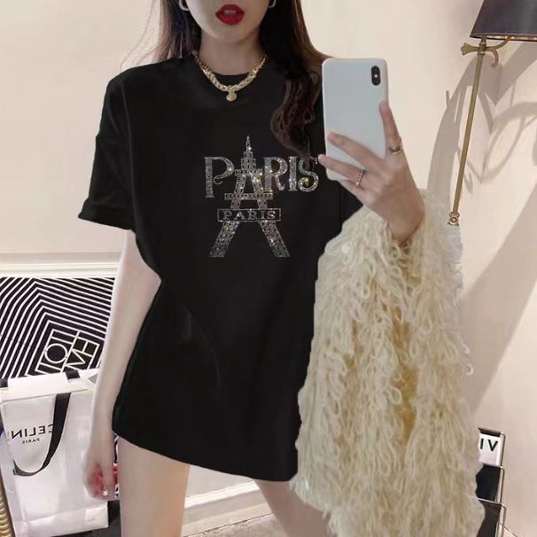 100% Cotton European Trendy Brand Heavy Rhinestone Paris Eiffel Tower Short Sleeve T-Shirt For Women Plus Size Slimming_ecoleips.com