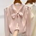 Women’s Clothing new temperament slim solid color V neck organza lace up single breasted long sleeved chiffon shirt for women_ecoleips.com