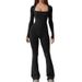 Women's Long Sleeved Jumpsuit Tummy Control High Elastic Wide Leg Square Neck Hip Lifting Cinching Waist Summer Jumpsuit_ecoleips.com