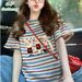 Dopamine-colored Striped Short-sleeve T-shirt For Women, Summer Design With Ruffled Edges, Loose Fit, Plus Size,_ecoleips.com