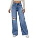 Cross-border Magic Knit Wide-Leg Straight Hot-Selling High-Waisted Floor-Length Pants Ripped Jeans For Women, Light Blue_ecoleips.com
