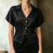 Women's Satin Short Sleeve Blouse V-Neck Casual Loose Fit Shirt for Summer Office And Daily Wear in White Black Beige Sky Blue_ecoleips.com