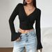 Voya Women's V-neck Flared Sleeve T-shirt Summer New Elegant Style Solid Color Pullover Long Sleeved Short Top For Women_ecoleips.com