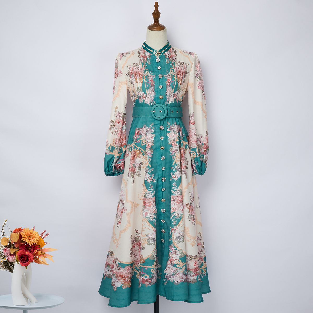 Women's Clothing Spring And Summer Positioning Printing With Belt Long Dress Female Temperament Waist Slimming Skirt Female_ecoleips.com