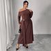Off-Shoulder Plus Size Fall Dress – High Waist Slimming Long Sleeve Coffee Brown Dress With Belt Detail_ecoleips.com