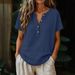 Women's Casual Solid Color Cotton Linen Blend Short Sleeve Top V Neck Button Down Half Open T-Shirt_ecoleips.com