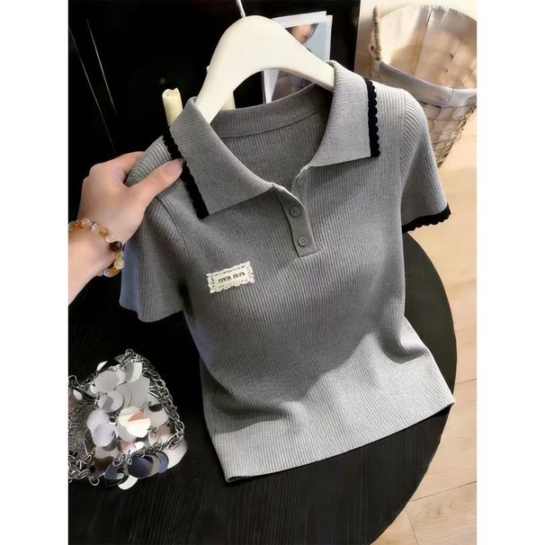 Preppy Korean Style Color Block Knit Top For Women Slimming Curvy Fit Short Sleeve Collared Plus Size Summer New_ecoleips.com