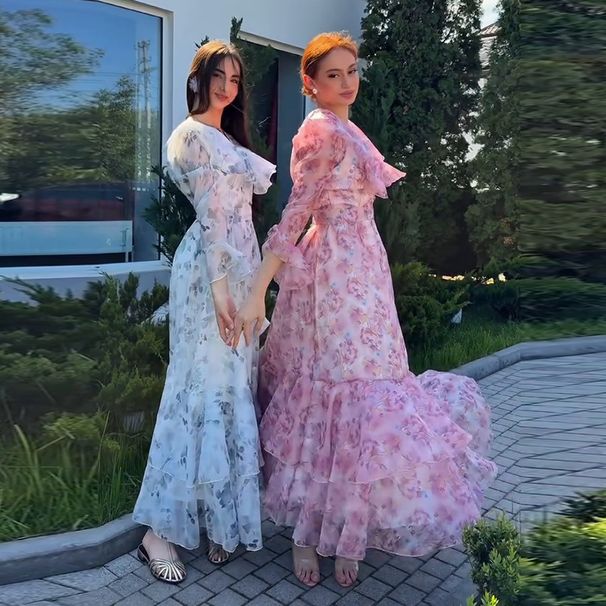 Women's Clothing V Neck Ruffled Long Sleeved Elegant Floral Dress_ecoleips.com