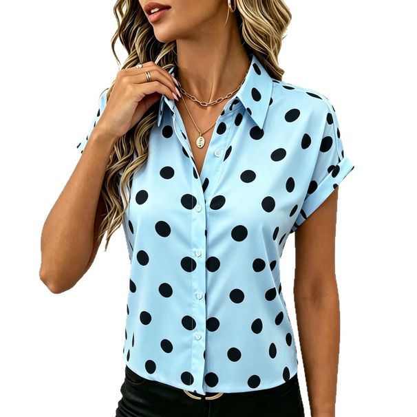 Women's Loose Fit Slimming Polka Dot Short Sleeve Shirt Blouse New Arrival Clothing_ecoleips.com