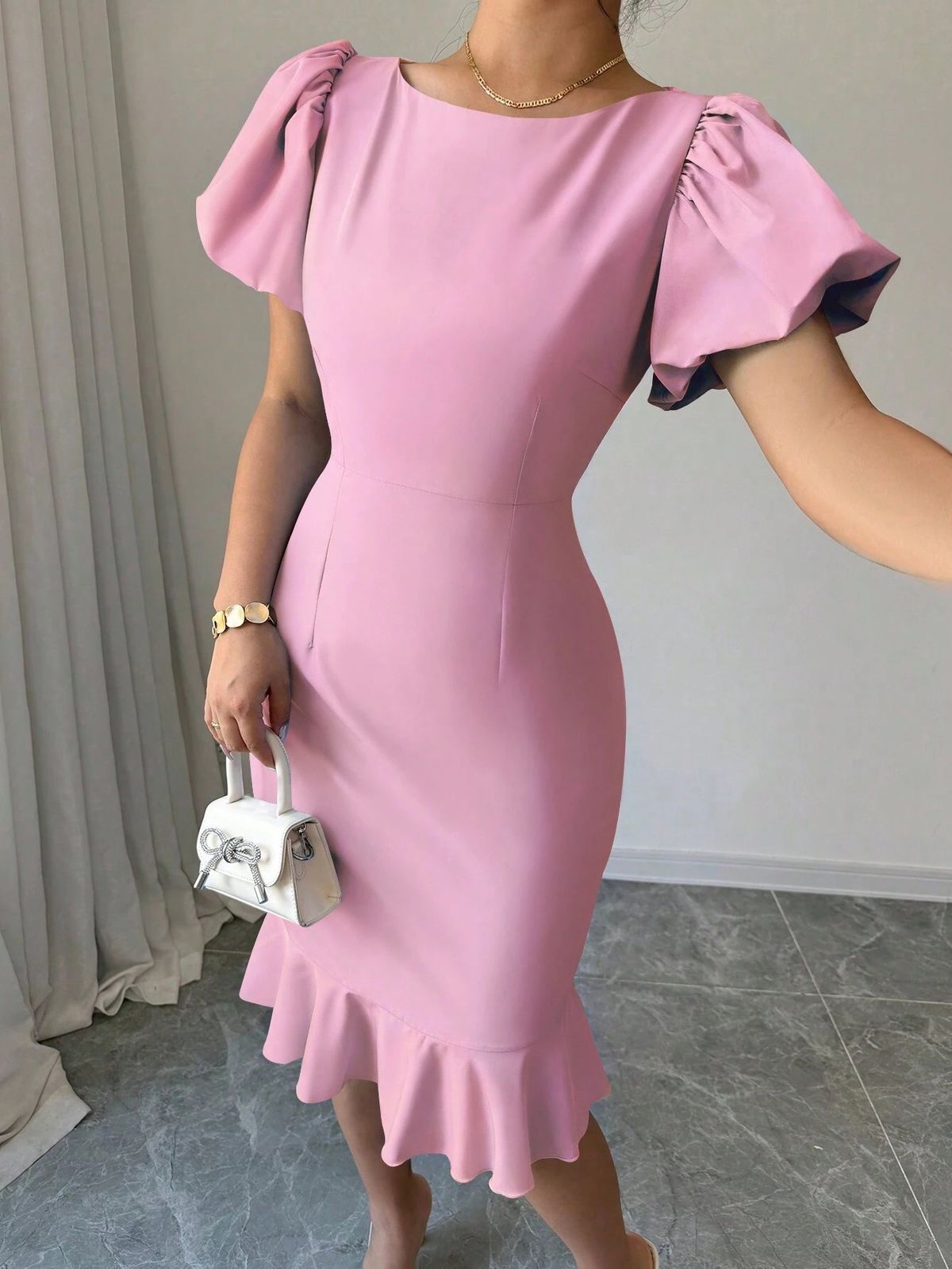 Women's Clothing Ins Net Red Round Neck Lantern Sleeve Ruffles Sexy Elegant Fishtail Skirt_ecoleips.com