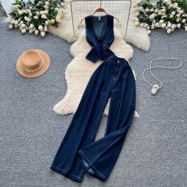 Retro American Style Deep V Sleeveless Denim Shirt High Waisted Slim Fit Trousers Outfit For Women Autumn Hot Girl_ecoleips.com