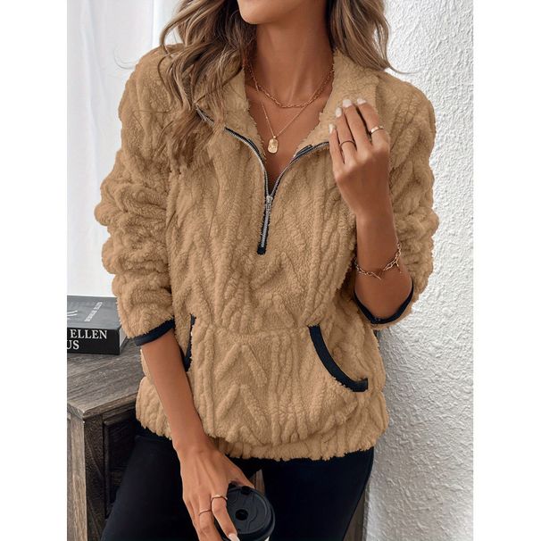 Women's Clothing Short Plush Sweatshirt Autumn Winter Fashion Color Block Half Open Collar_ecoleips.com